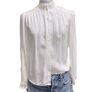 Sandro White Button-Down Lace Yoke Blouse